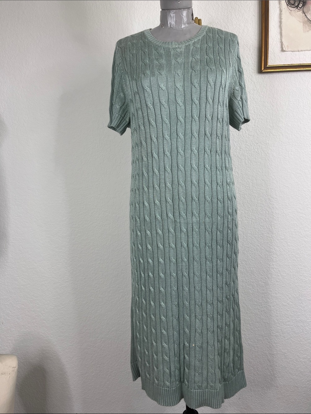 LRL Lauren Ralph Lauren Mint Silk Cable Knit Short Sleeve Midi Sheath Dress
